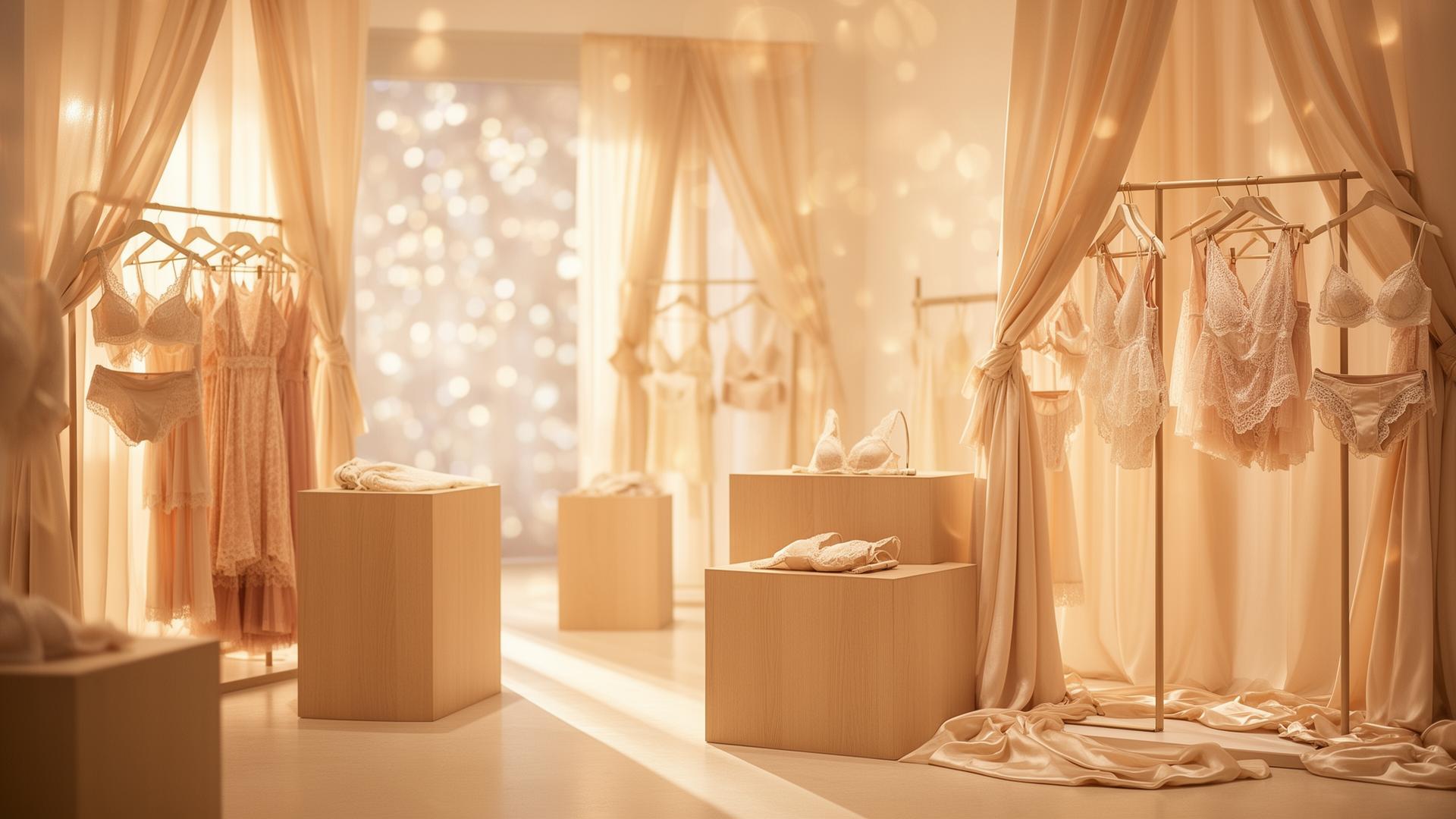 Interior da Sonho Chic com peças de moda íntima e praia em tons champagne